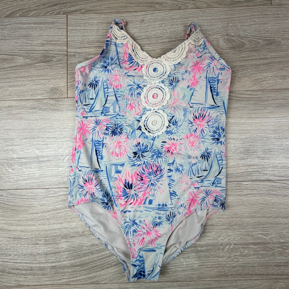 Lilly Pulitzer Girls One-Piece Swimsuit in Pink and Blue Floral Sailboat Print